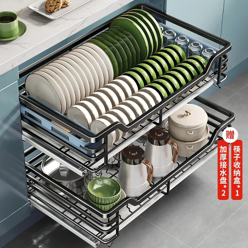 家用拉篮厨房橱柜双层调味碗碟柜内304不锈钢收纳碗架抽屉式碗篮