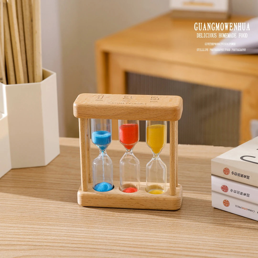 木制1/3/5分钟儿童刷牙沙漏创意时间计时三合一组合沙漏礼品摆件