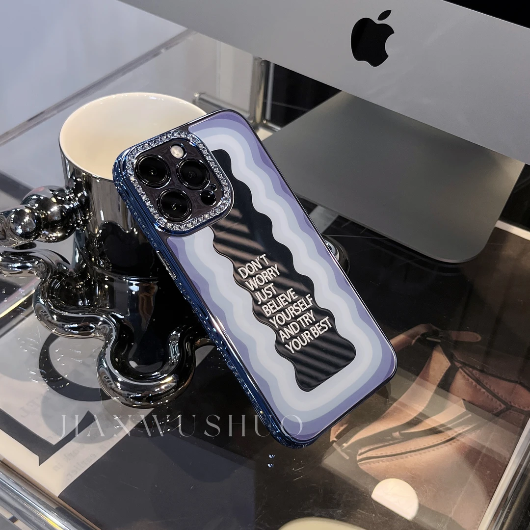 简物说【适用苹果】镜面波浪英文防摔手机壳iphone14promax/13/12