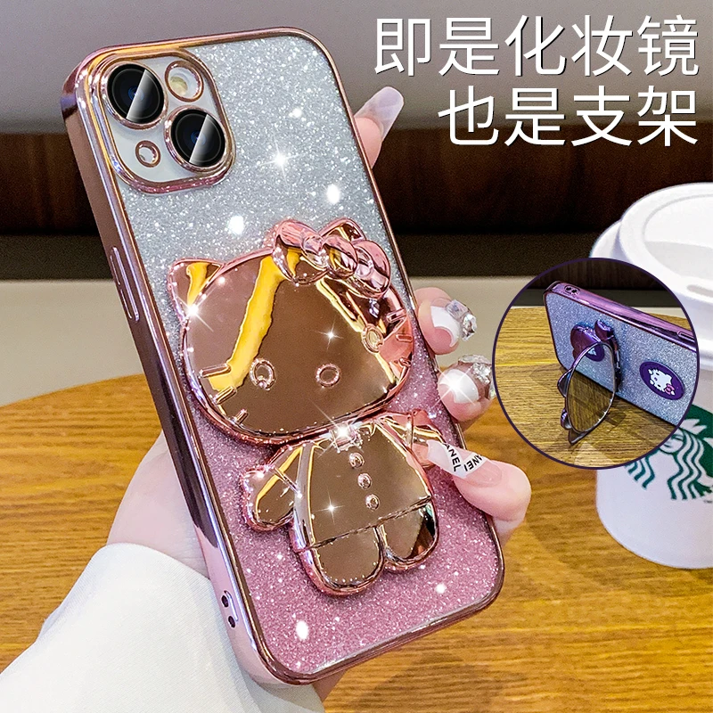 【适用苹果】猫咪镜子支架带闪卡手机壳iphone14promax/13/12/11