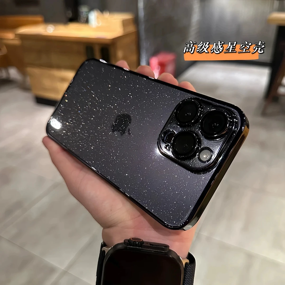 苹果15ProMax时尚iPhone14透明电镀13星空闪粉12带镜头膜硬保护套