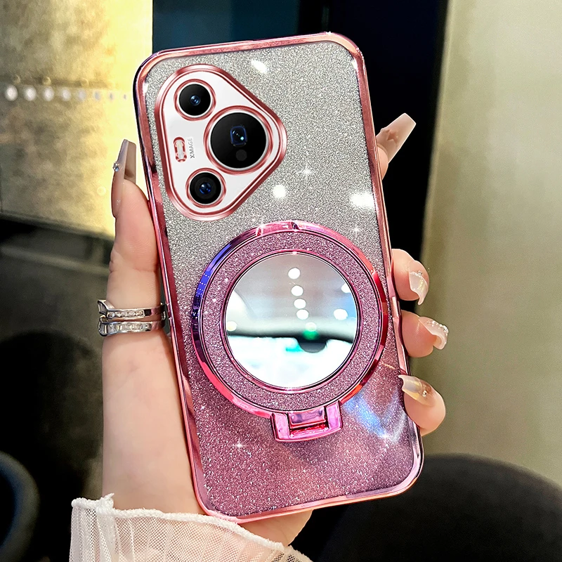 华为Pura70手机壳70pro电镀闪粉70pro+镜面支架带镜头膜软保护套