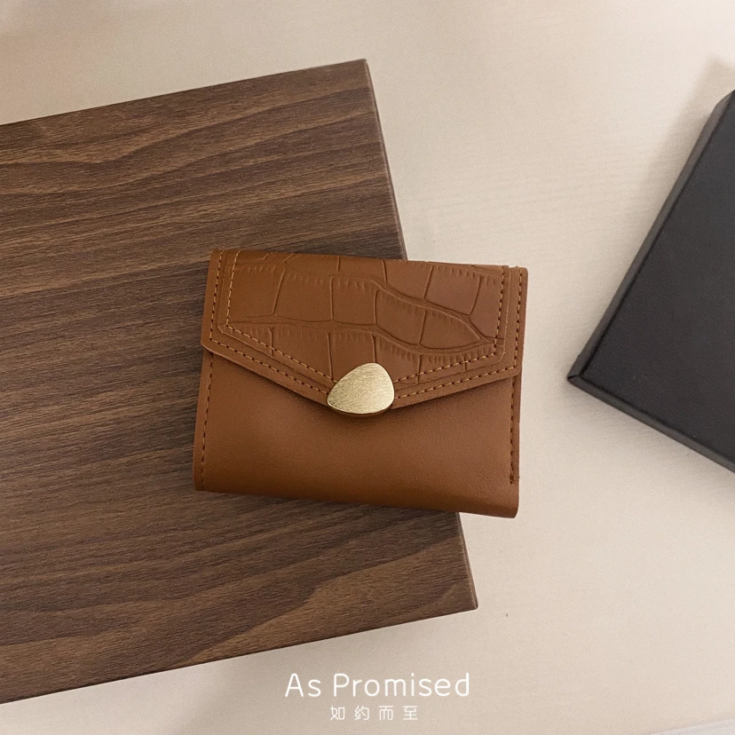 新款钱包短款复古三折搭扣多卡位零钱包石头纹多功能卡包钱夹棕色