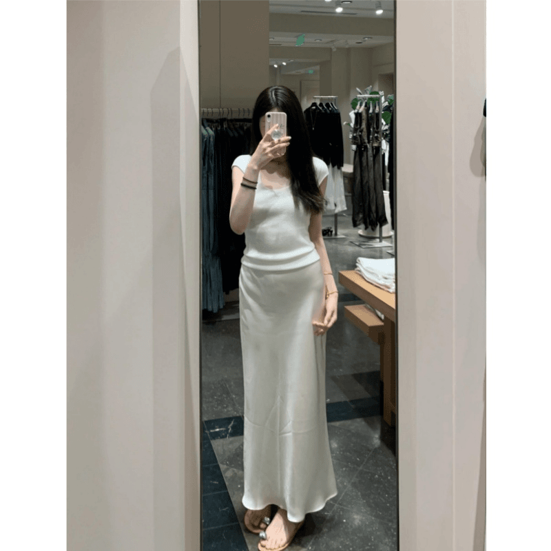 女装夏U领搭配时尚整套减龄气质穿搭针织上衣缎面半身裙两件套装