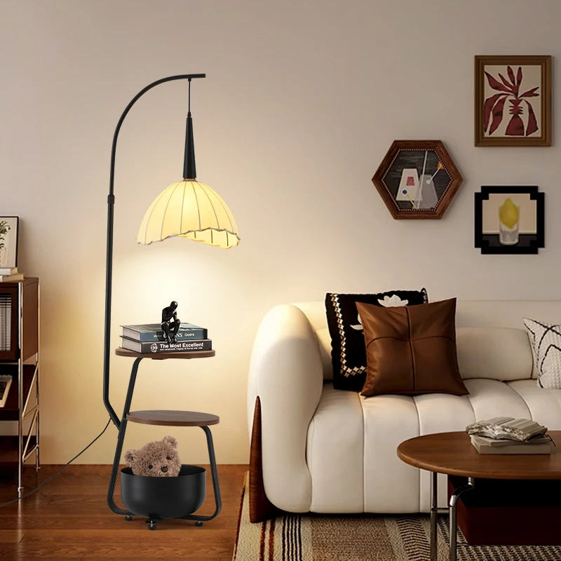 落地灯中古风卧室床头柜一体柚子灯客厅沙发旁氛围感茶几钓鱼边几