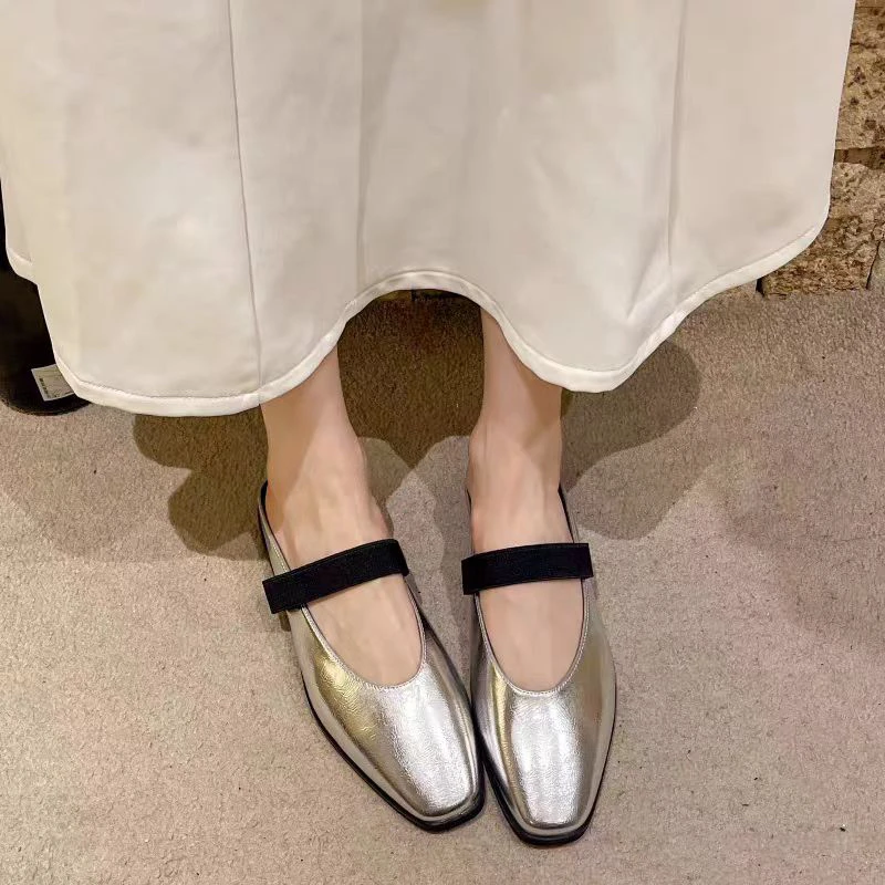 时尚女鞋单鞋百搭半拖女鞋银色质感洋气搭裙子仙女风单鞋
