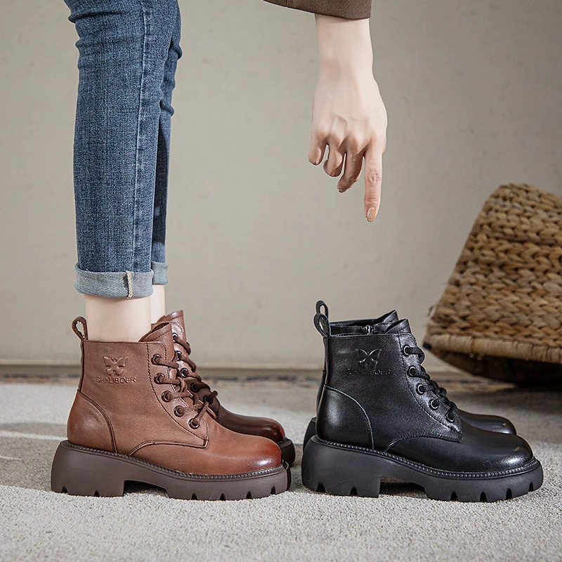 靴子女2025春秋单靴真皮高档马丁靴复古百搭厚底短靴鞋子女款女靴