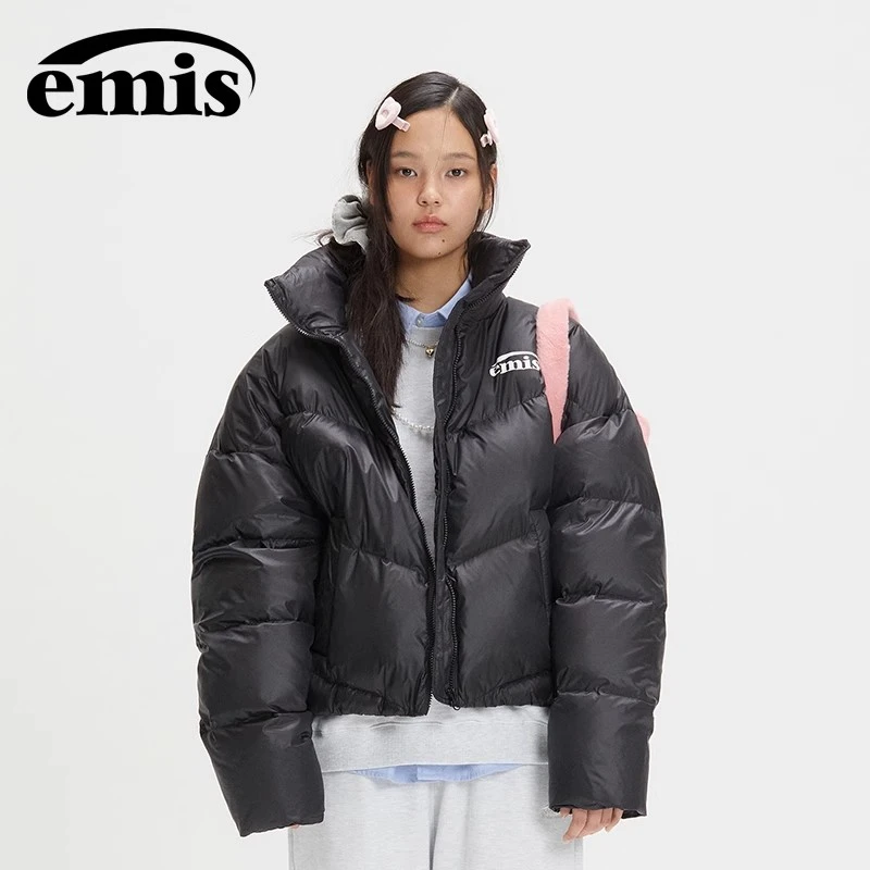 韩国emis羽绒服黑色冬季防寒保暖鸭绒立领时尚百搭简约有型女