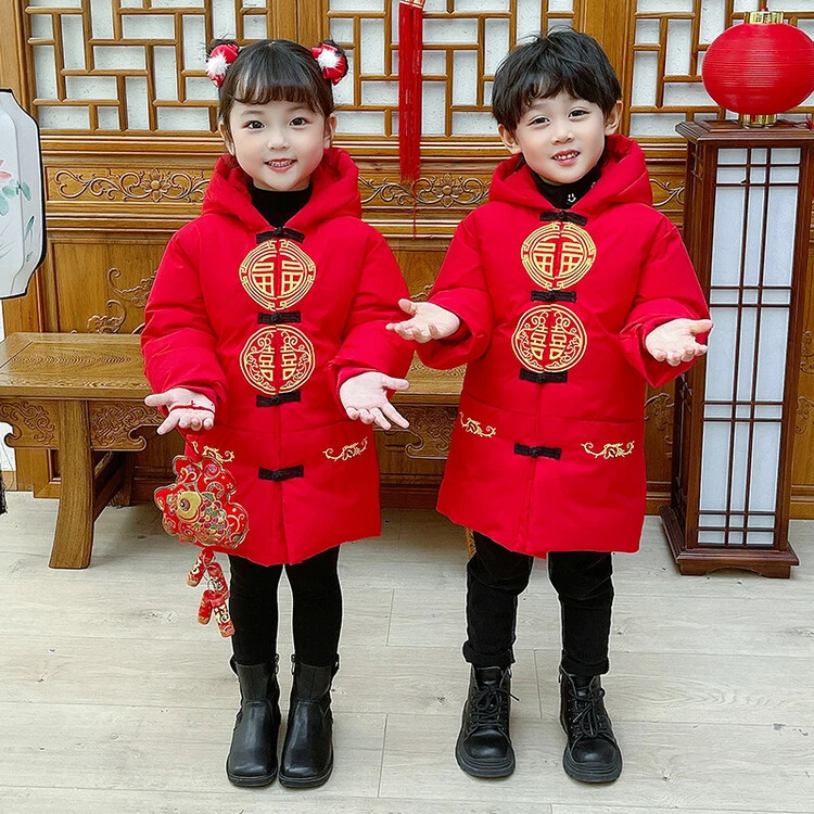 儿童拜年服喜庆中国风中长款外套汉服冬季棉衣新年装加厚长款宝宝