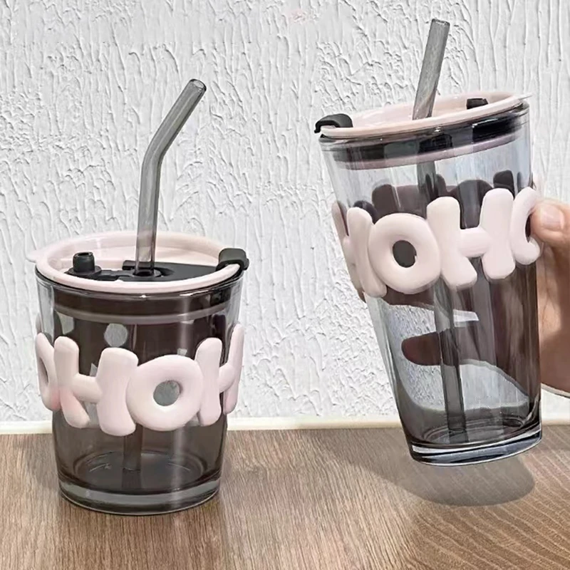 高颜值办公室茶杯随行咖啡杯带吸管玻璃杯杯子女生家用大容量水杯