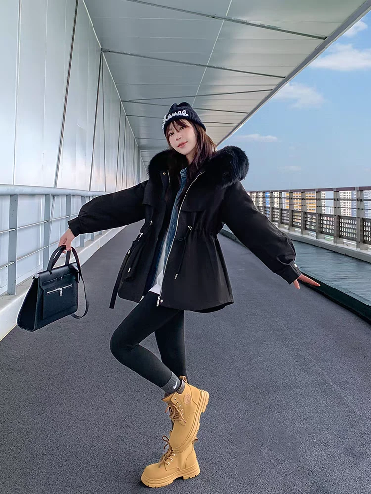 新款女士时尚显瘦百搭兔毛内胆真毛狐狸毛领加厚保暖大毛领22088