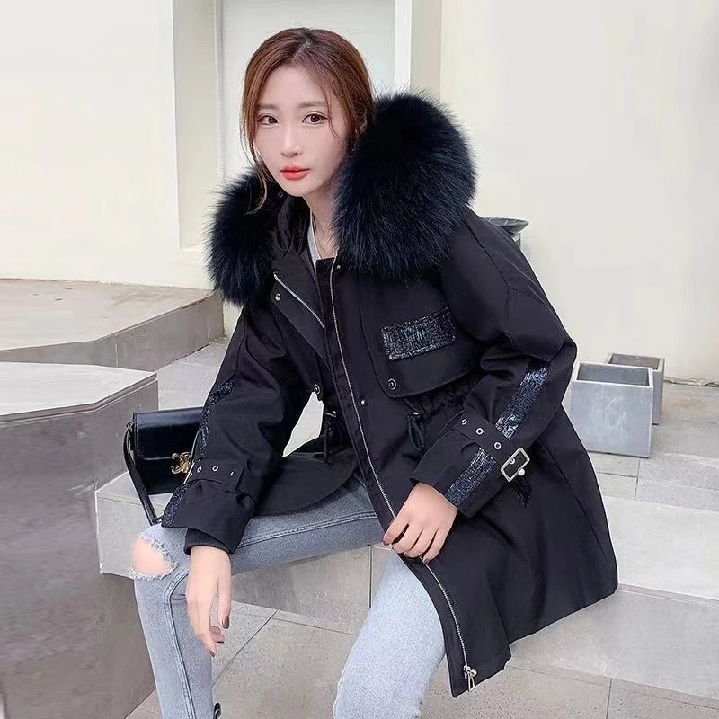 【烟花款】女士时尚中长款百搭冬质显瘦收腰加厚保暖派克大毛领