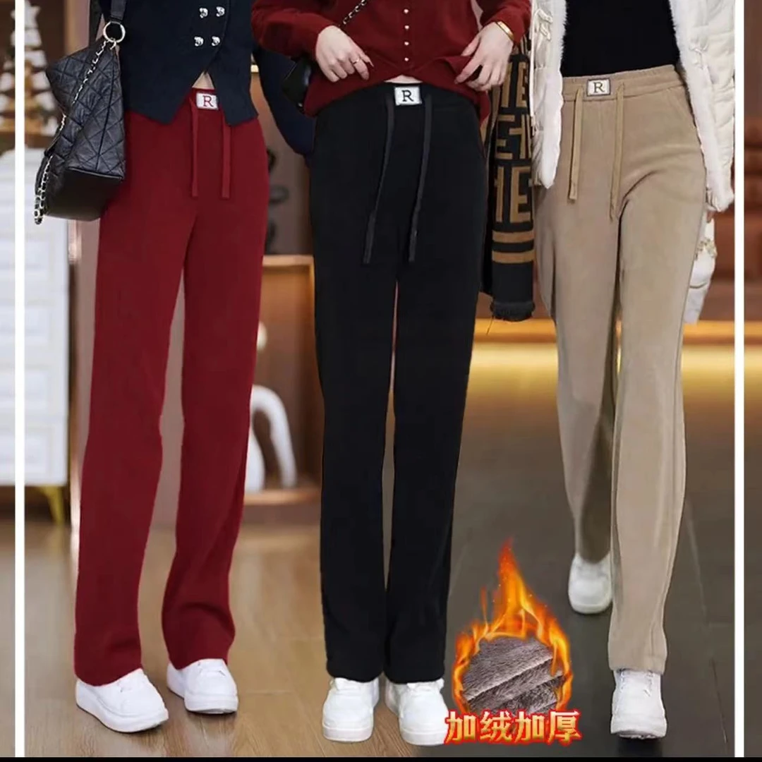 安哥拉红休闲加绒裤百搭显瘦直通裤中高腰显气质年轻冬款欧棉绒裤