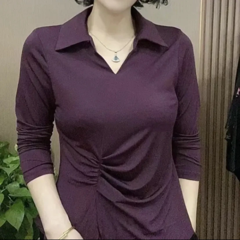 2024秋装新款长袖翻领时尚减龄潮流洋气褶皱显瘦女士打底小衫上衣