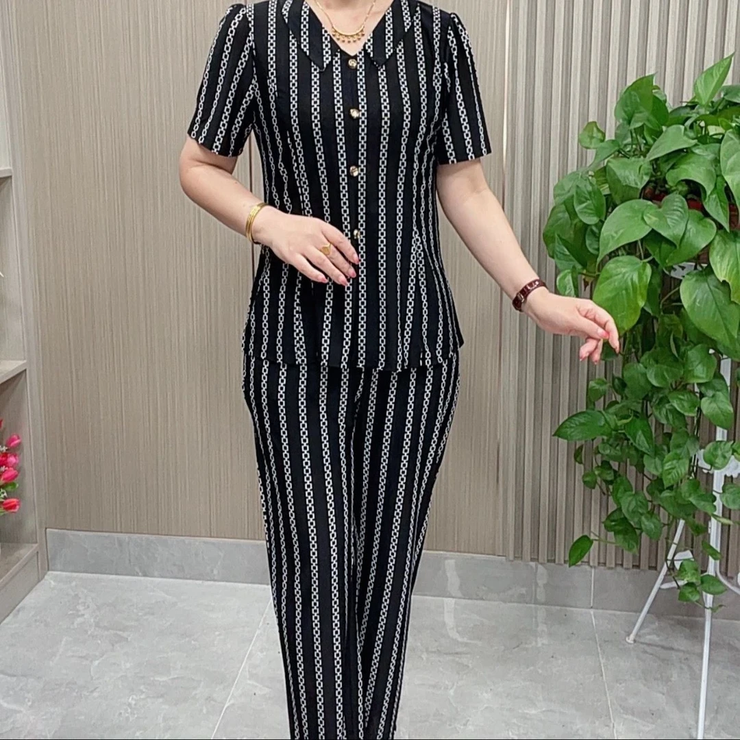 妈妈装夏季新款洋气翻领显瘦时尚短袖套装中年条纹休闲减龄两件套