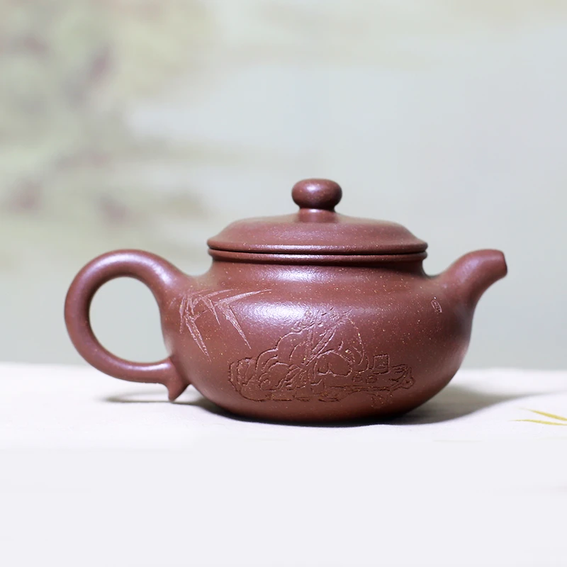 宜兴名家手工紫砂壶原矿高工强济人作品降坡泥仿古壶刻竹款茶壶