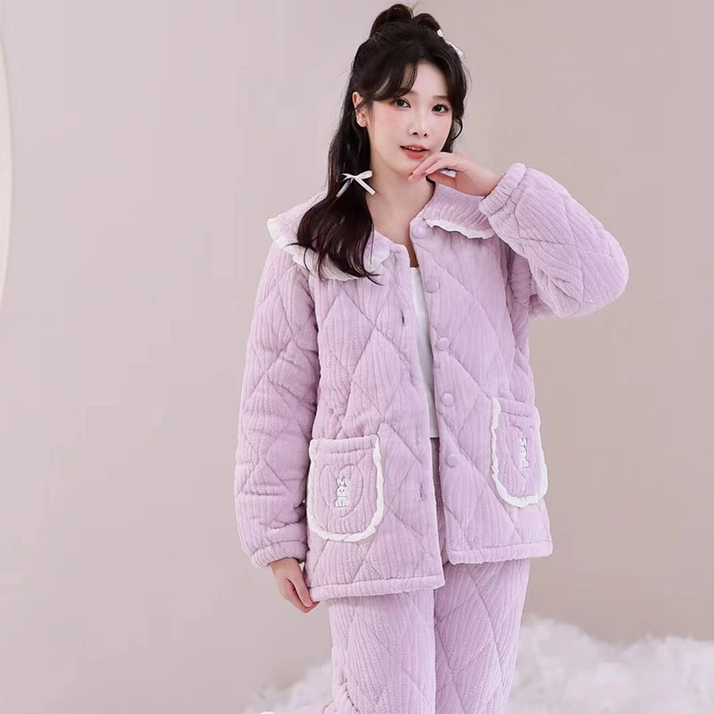 棉衣加厚加绒睡衣女冬季珊瑚绒新款法兰绒夹棉可爱家居服套装冬天