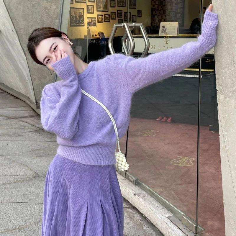 复古慵懒风紫色毛衣女秋冬季2024新款加厚宽松套头圆领针织衫上衣