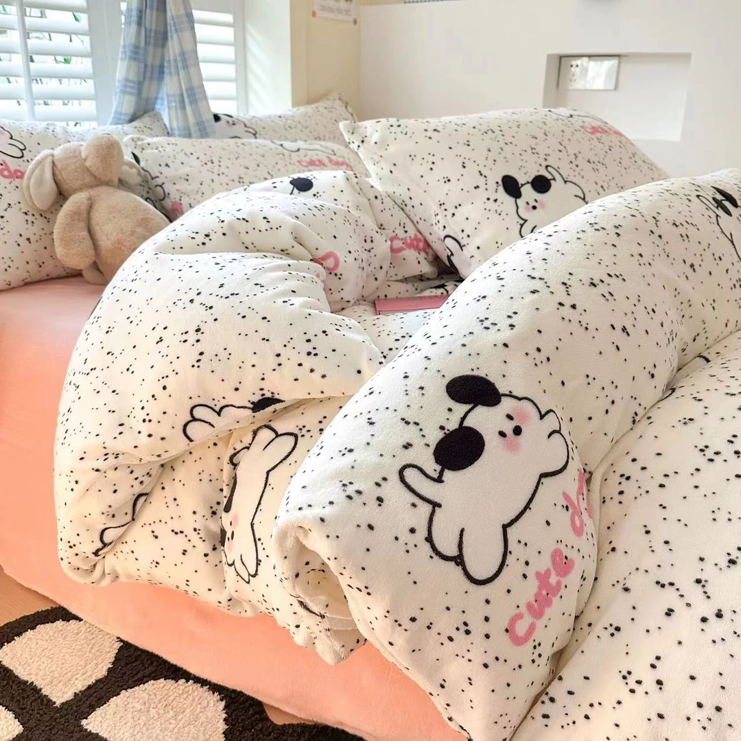 冬季牛奶绒床上四件套珊瑚绒卡通床单被套儿童三件套床品学生宿舍