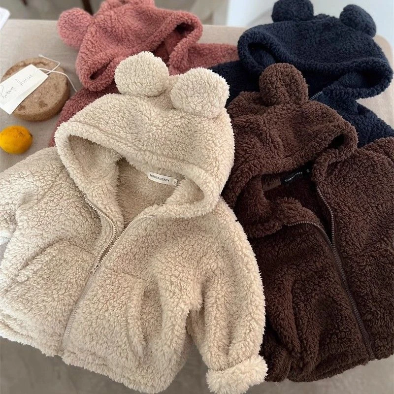 小童卡通毛毛衣宝宝连帽外套小熊加绒棉袄秋冬潮