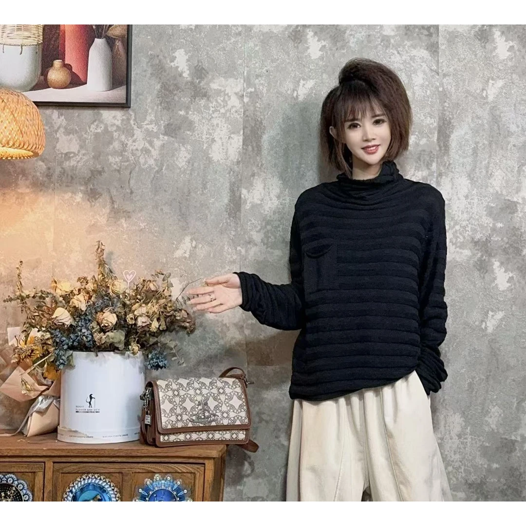 【沐木流浪记】（横纹）秋冬新款针织百搭堆堆领女装外套z