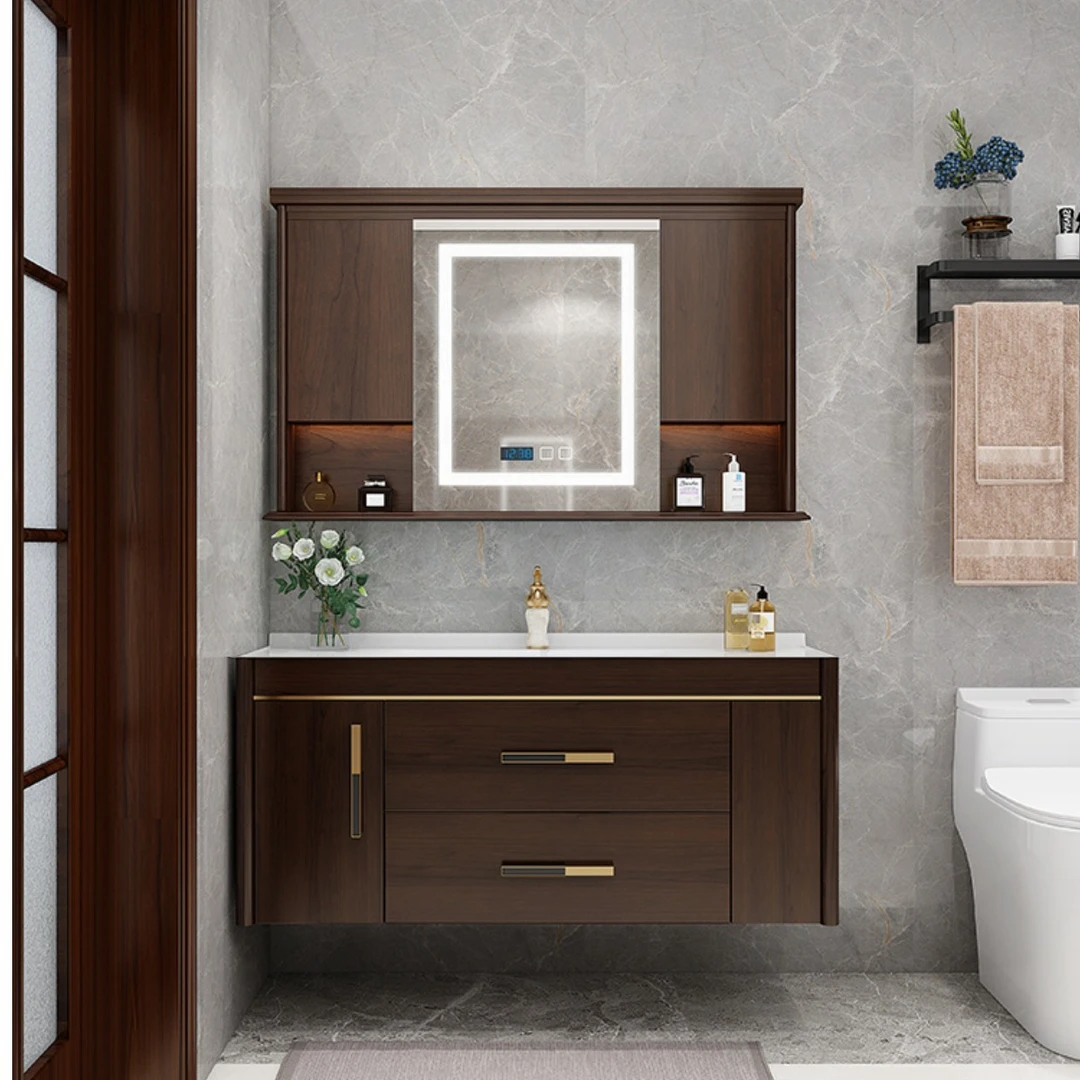 新中式浴室柜陶瓷一体盆实木橡胶木卫生间洗脸盆柜组合洗漱台卫浴