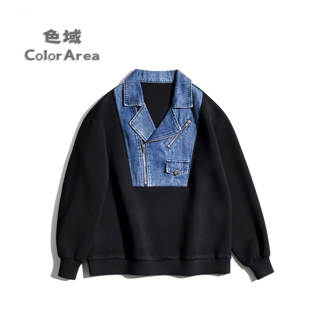 2024秋休闲新款女装设计感牛仔拼接POLO领宽松套头卫衣女百搭上衣