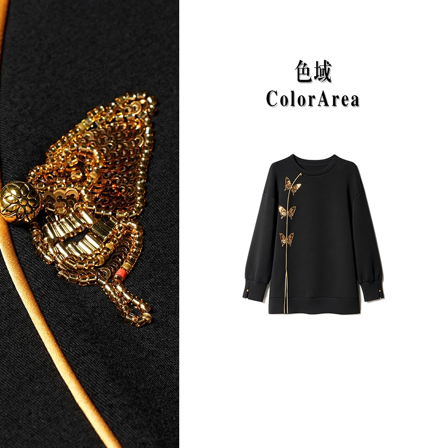 ColorArea/色域秋季新款宽松显瘦不规则提花刺绣轻奢百搭套头卫衣