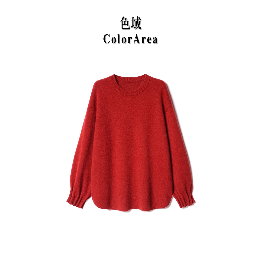 ColorArea/色域秋冬新款重工减龄百搭宽松灯笼袖套头圆领红色毛衣