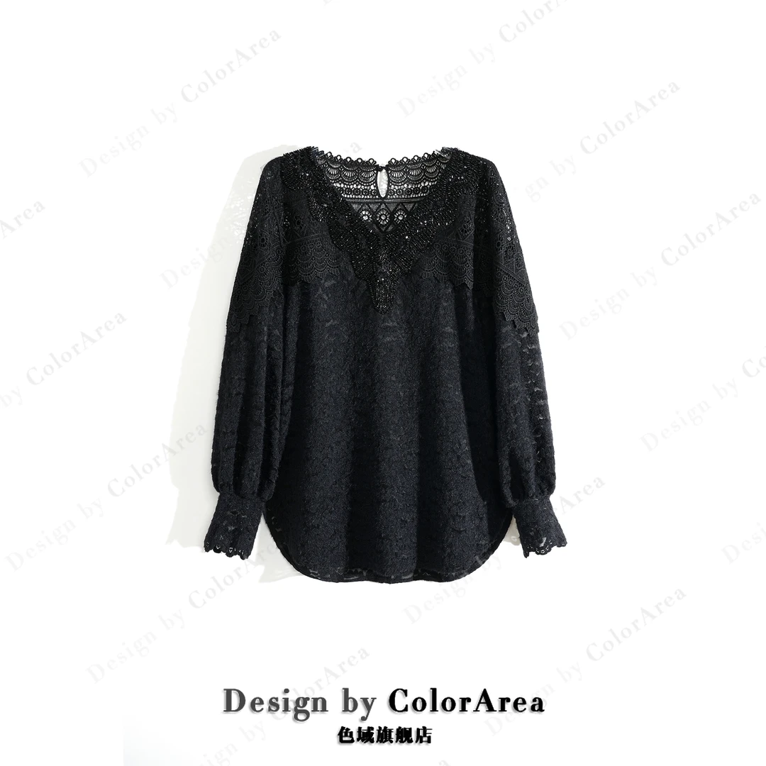 ~断码~清~新款提花植绒蕾丝拼接气质百搭V领盘扣打底衫上衣