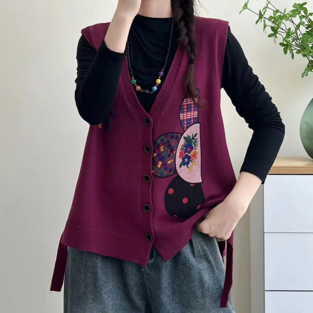 花开半夏提花减龄针织开衫女春秋新款坎肩V领宽松叠穿设计感马夹