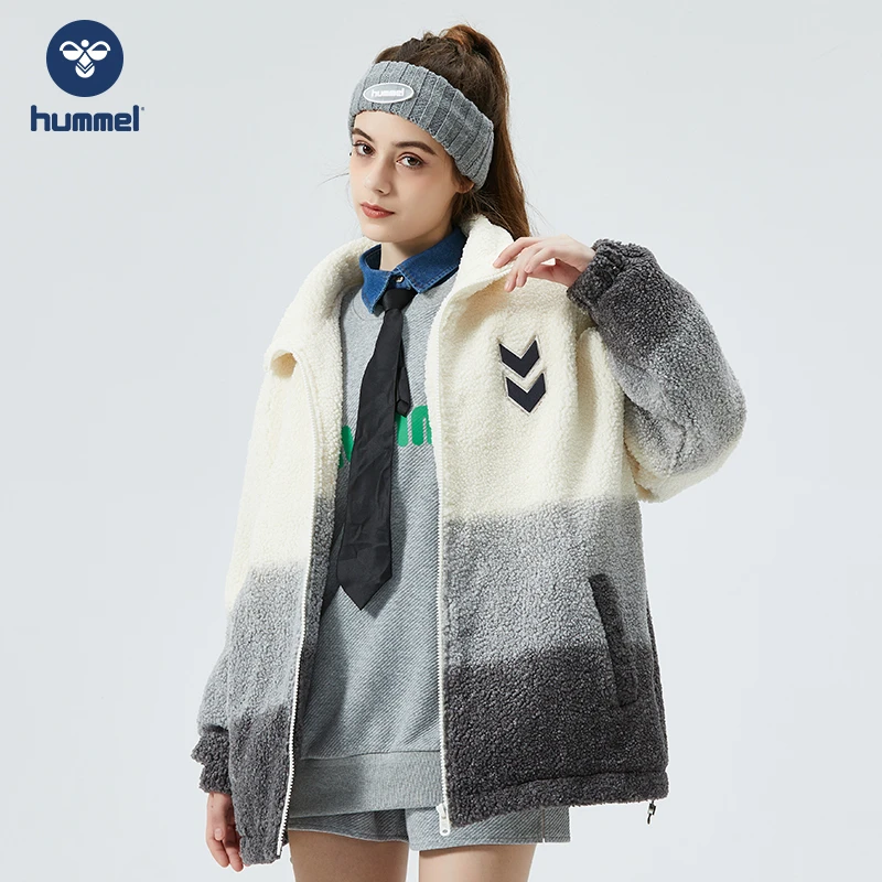 HUMMEL冬季新款羊羔绒刺绣渐变保暖摇粒绒开衫女外套男女同款情侣