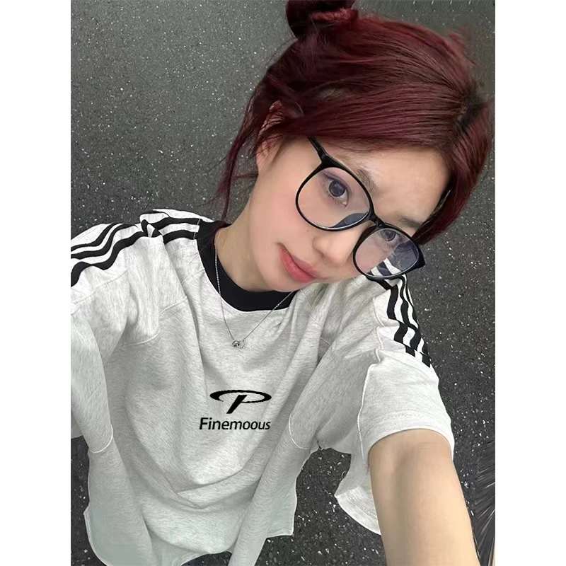 三条杠纯棉短袖t恤女夏季新款美式复古潮牌设计感宽松小众上衣女