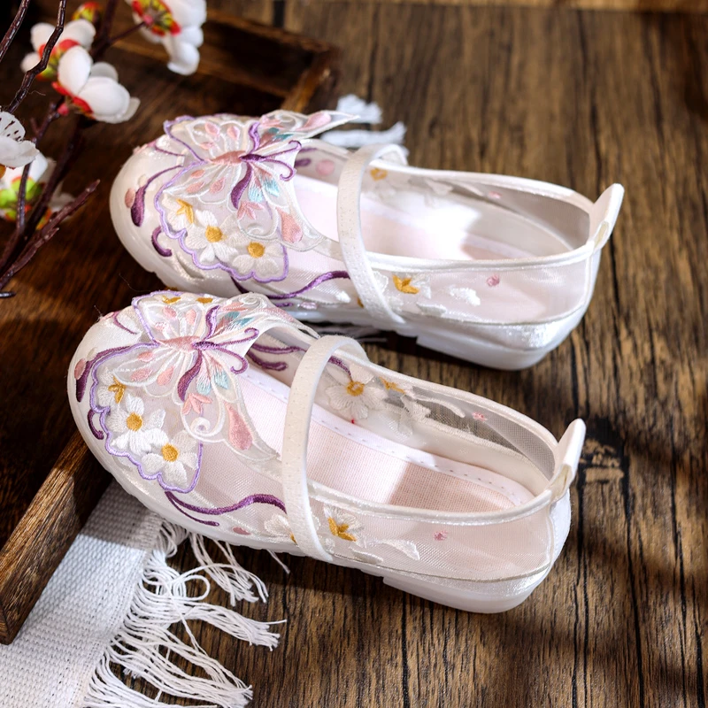 夏季汉服鞋子女童2025新款紫色古风布鞋中国风汉鞋儿童软底绣花鞋