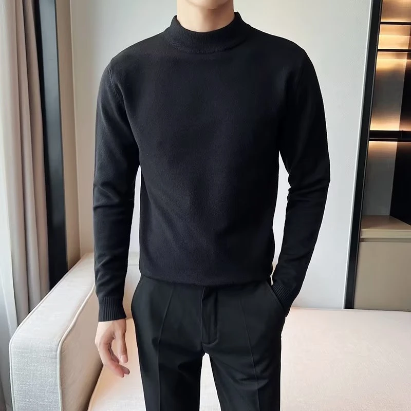美式简约百搭纯色毛衣秋冬新款休闲圆领中领高领套头针织衫时尚