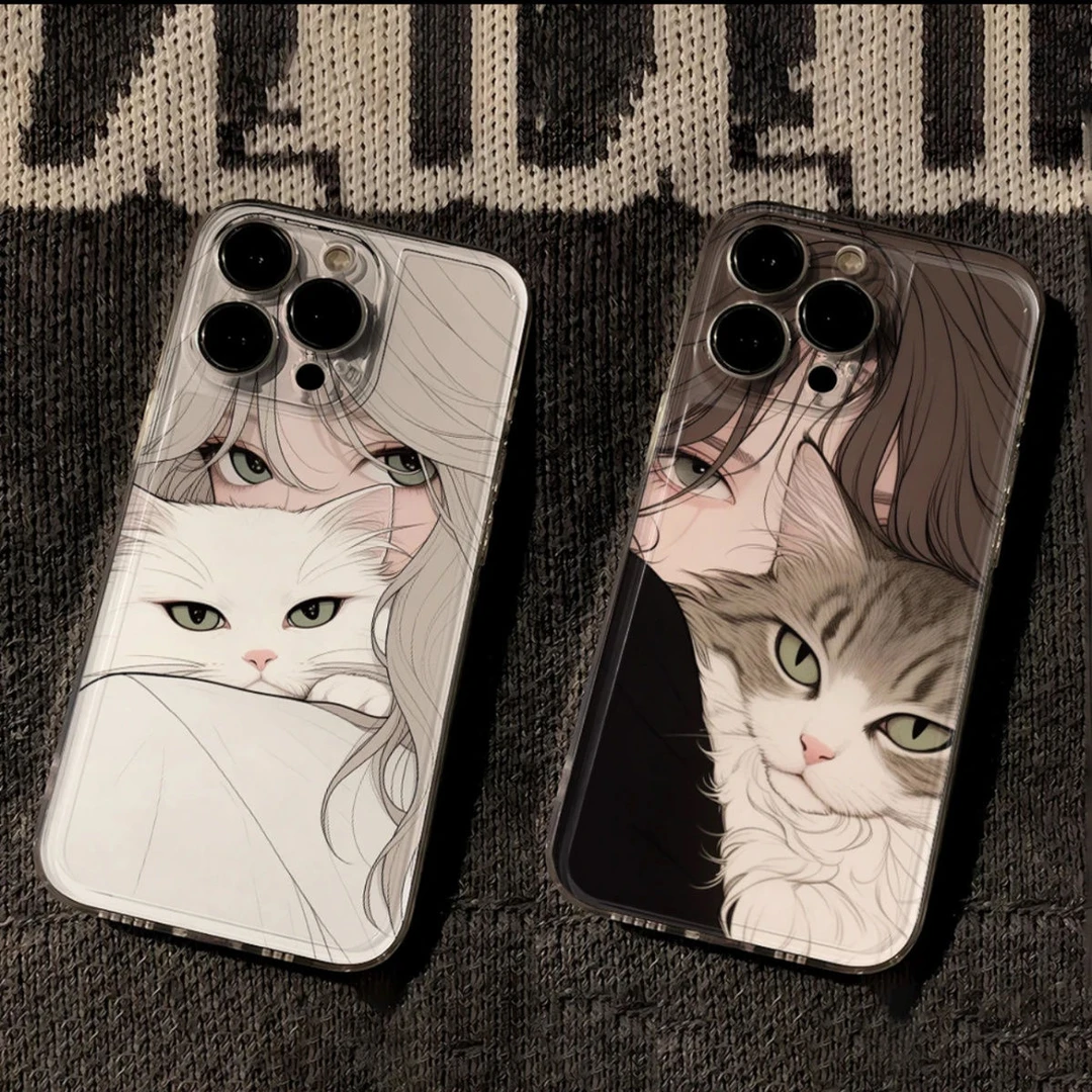 可爱抱猫女孩适用于苹果iphone15pro全包14plus小众ins高颜值软壳