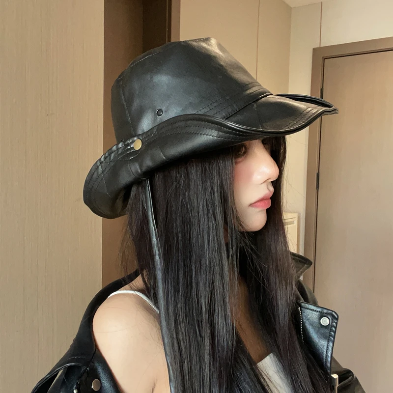 皮质西部牛仔帽子女2024春夏新款户外登山帽大檐渔夫帽显脸小盆帽