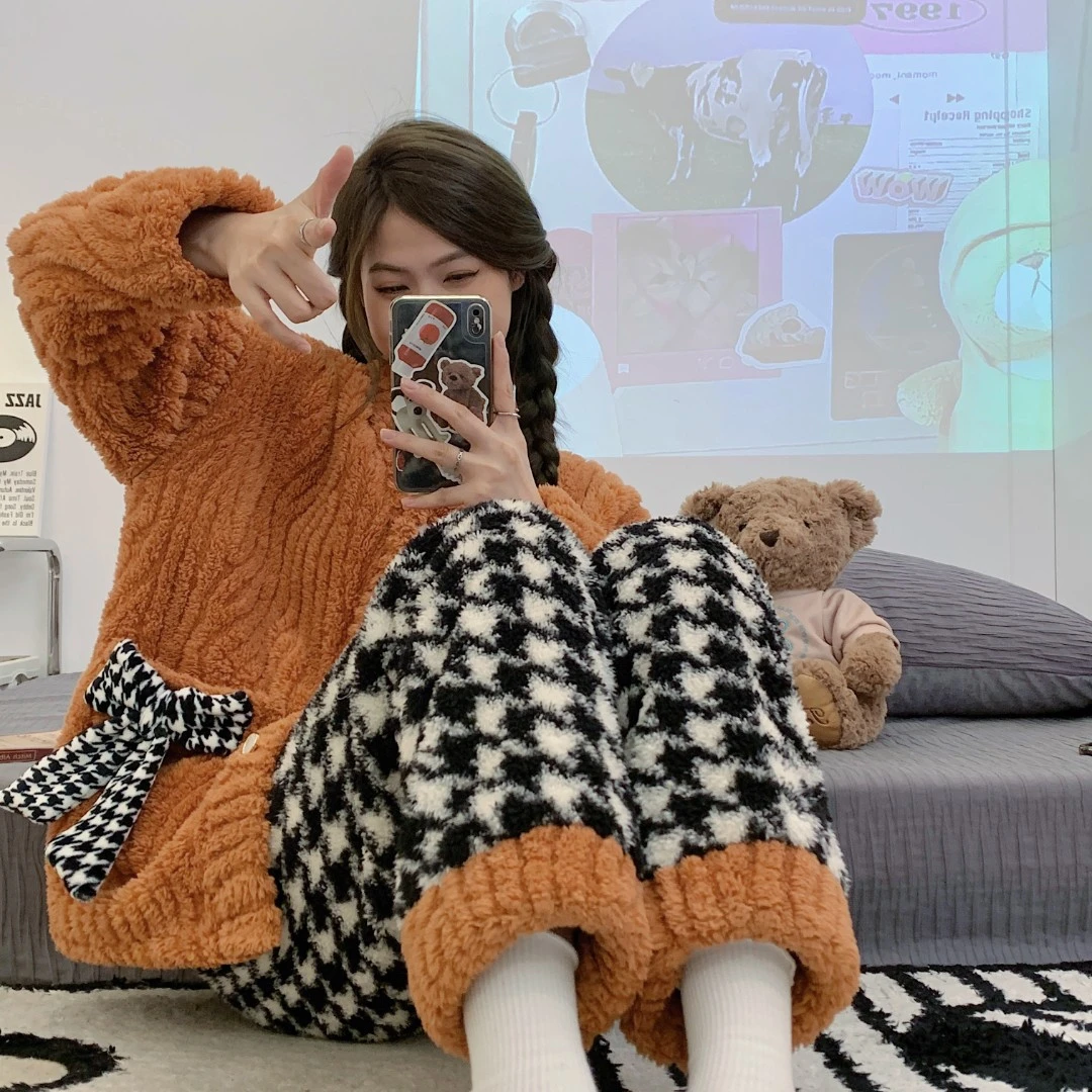 睡衣女秋冬季法兰绒开衫时尚可爱宽松韩版珊瑚绒可外穿家居服套装