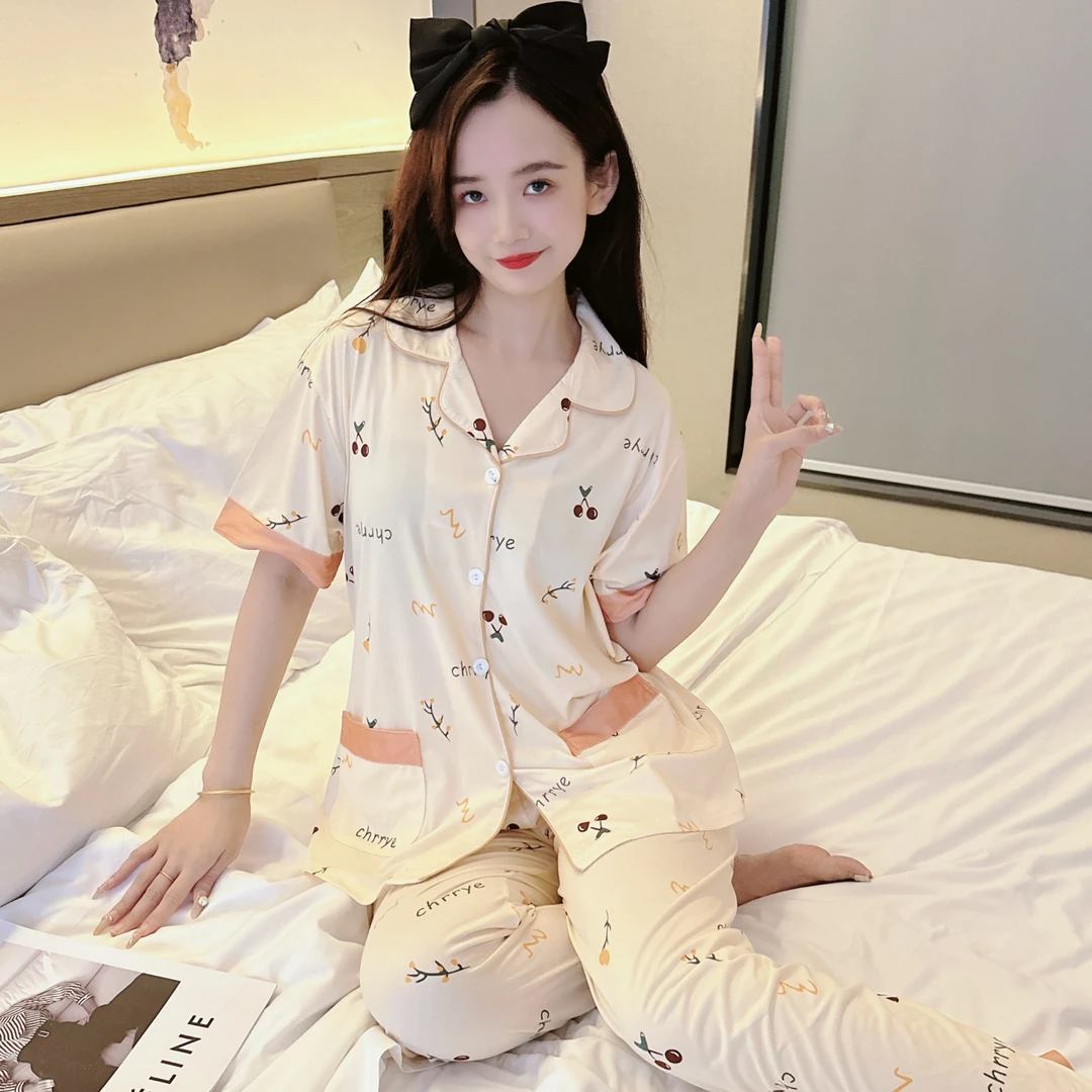 睡衣女夏季短袖长裤薄款翻领开胸简约时尚中年可外穿家居服套装