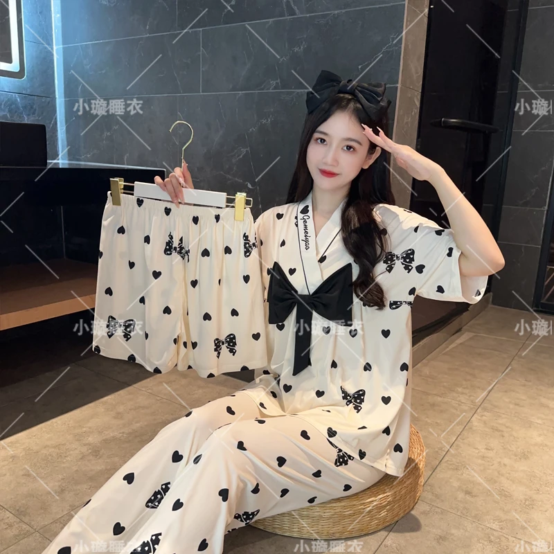 睡衣女夏季2024新款公主风三件套蝴蝶结短袖大码宽松可外穿家居服