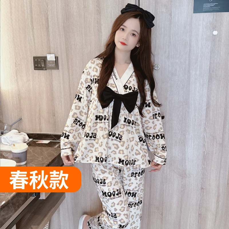 睡衣女春秋长袖v领蝴蝶结公主风宽松大码时尚可外穿家居服套装