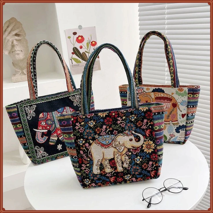 中年妈妈手拎JXZS包包女民族风帆布包新款卡通质感刺绣手提【大橘】