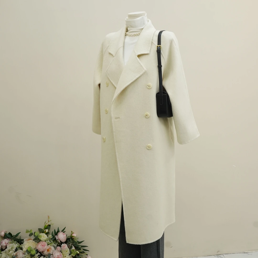季末清仓气质翻领保暖双排扣外套羊毛白色时尚百搭女士双面呢大衣
