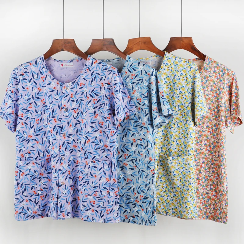 中老年妈妈装短袖宽松大码纯棉开衫碎花口袋薄款老年人家居服上衣