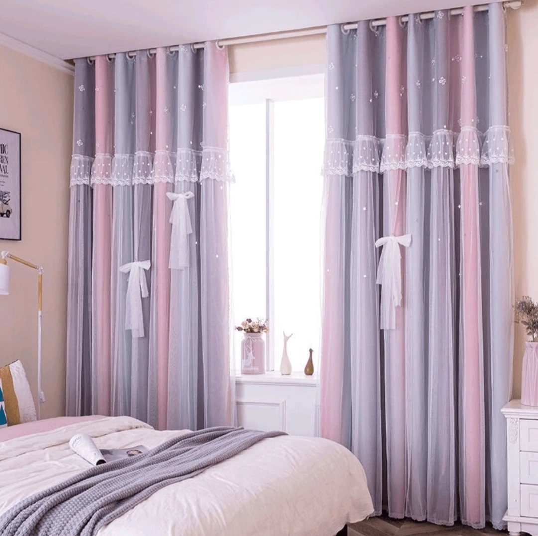 窗帘遮光飘窗落地网红ins双层渐变少女缕空星星一体蕾丝