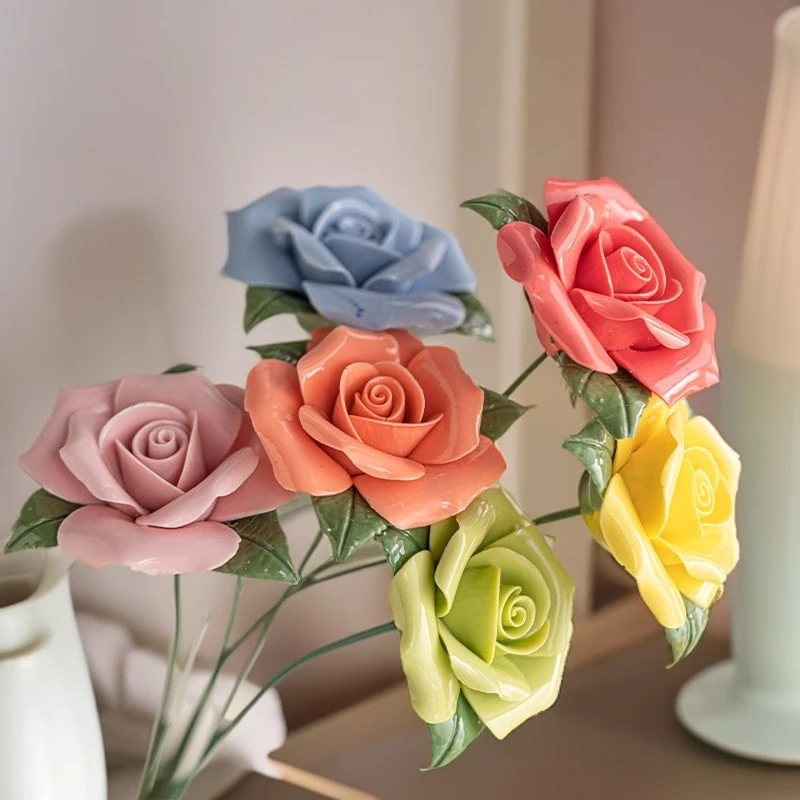仿真玫瑰花陶瓷手工家居装饰家用插花情人节送礼瓷花陶瓷玫瑰花
