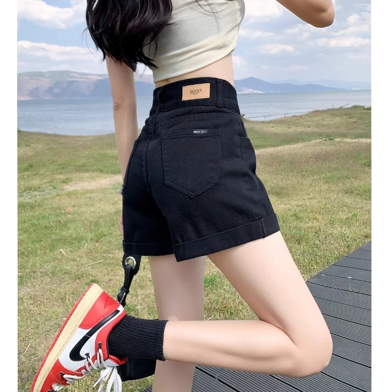 黑色牛仔短裤女夏季薄款2025年新款超高腰大码小个子a字辣妹热裤