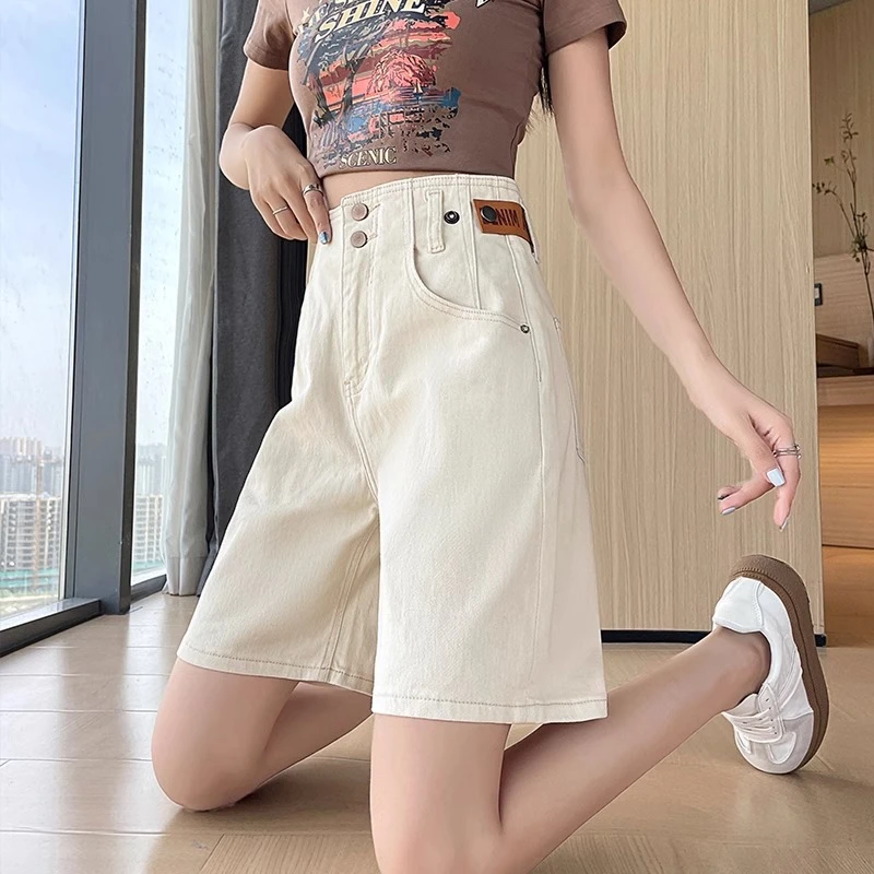 米白高腰直筒牛仔五分裤女夏季2025年新款宽松显瘦阔腿a字中裤子
