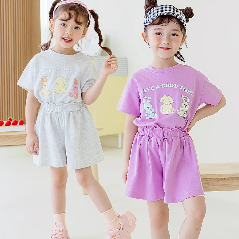 女童夏季套装新款女童裙裤运动套装印花圆领短袖两件套