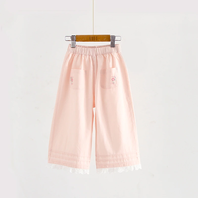 女童夏季竹节棉八分裤阔腿裤裤子夏季薄款2024新款儿童裤子